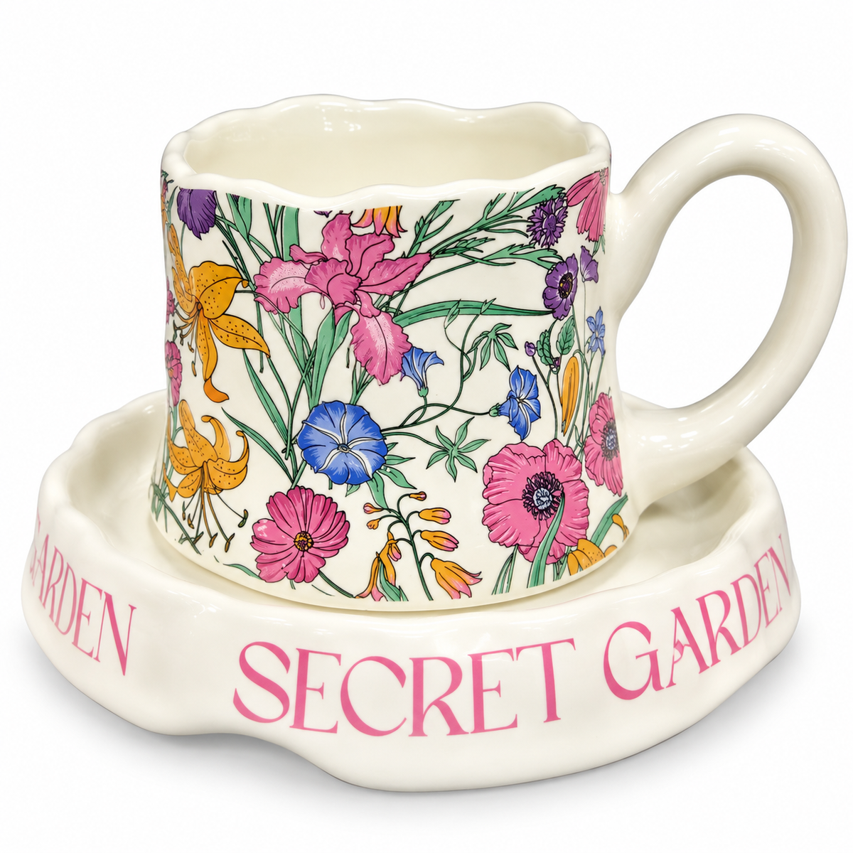 סט כוס וצלוחית בעיצוב פרחוני – SECRET GARDEN