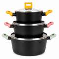 סט סירים 6 חלקים מבית Halotex עם מכסי זכוכית מחוסמת וידיות צבעוניות.