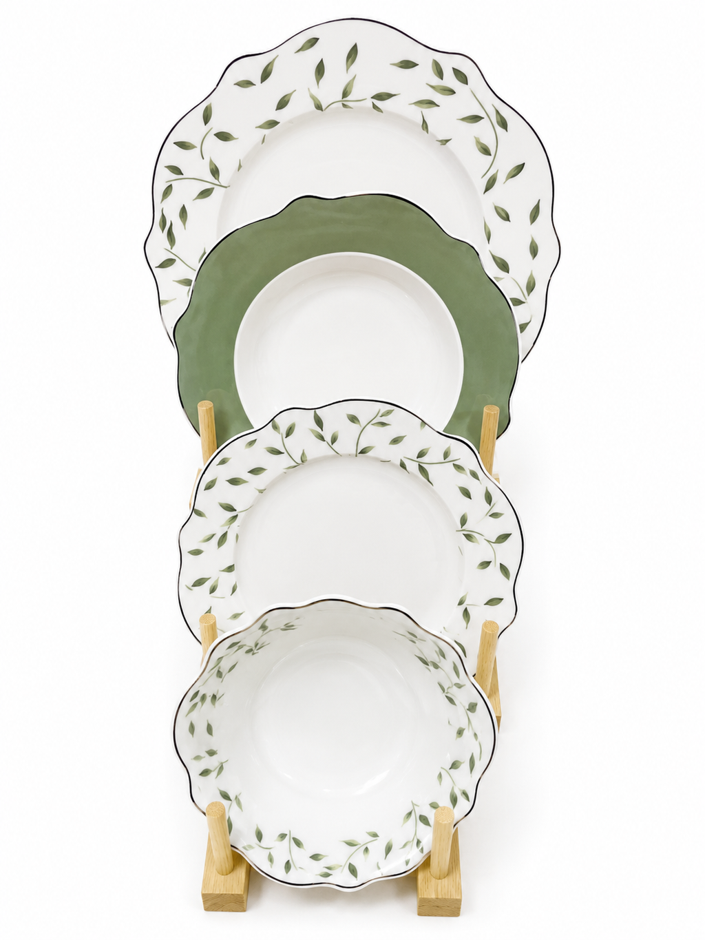 סט כלי אוכל 24 חלקים New Bone China בעיצוב עלים ירוקים עם צלחות וקערות אלגנטיות.