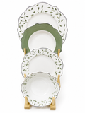 סט כלי אוכל 24 חלקים New Bone China בעיצוב עלים ירוקים עם צלחות וקערות אלגנטיות.