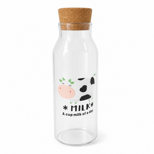 בקבוק זכוכית שקוף עם הדפס Milk ופקק שעם טבעי בגובה 26 ס"מ.