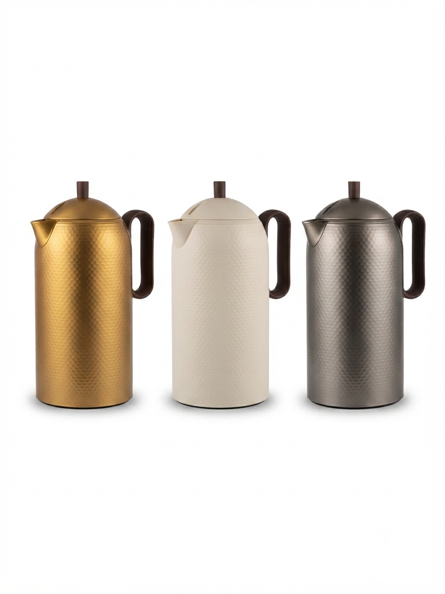 תרמוס ואקום יוקרתי בנפח 1 ליטר עם טקסטורת פטיש, ידית דמוי עץ, בשלושה צבעים: זהב, לבן וכסף.