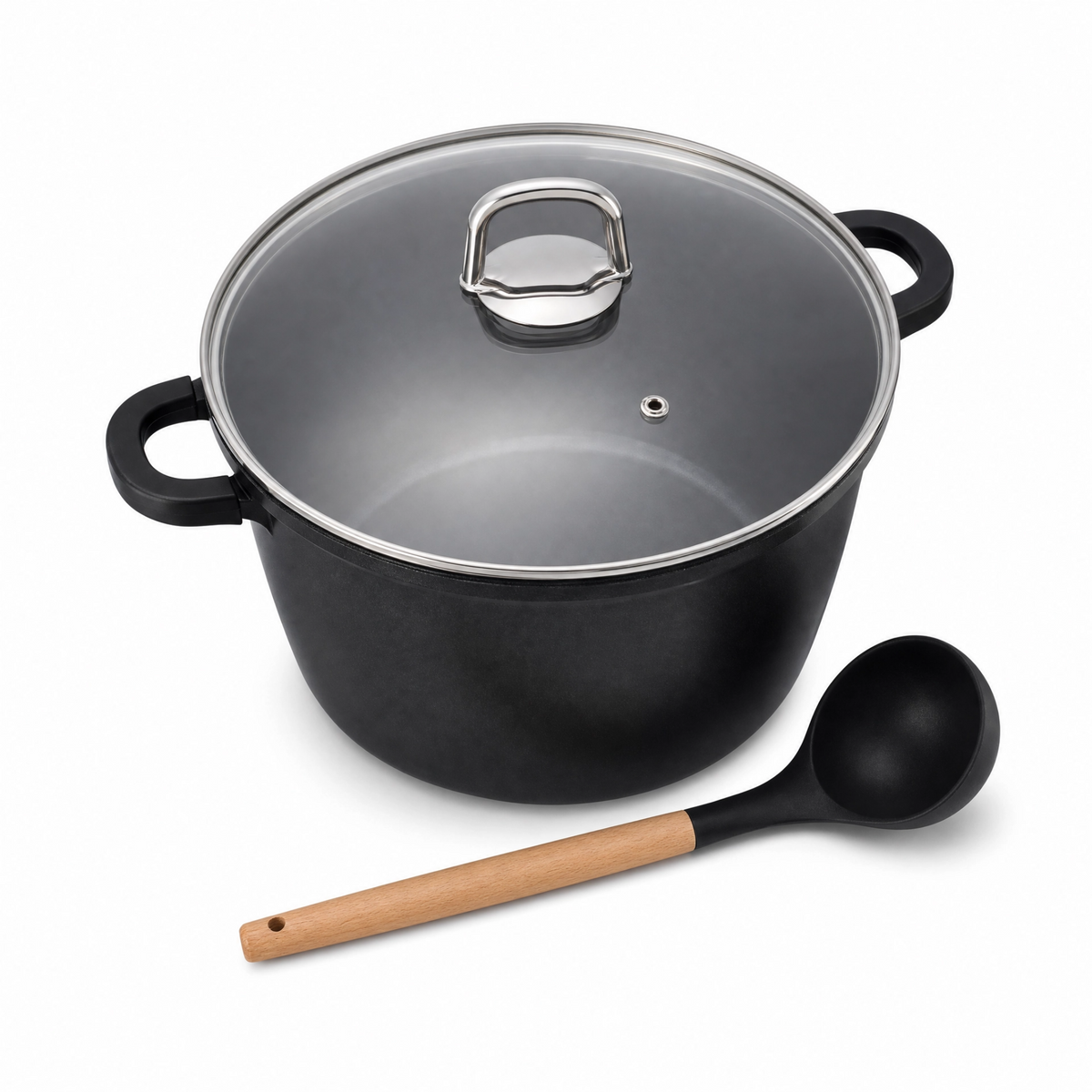 סיר מרק 3 חלקים מבית Halotex בציפוי שיש Non-Stick, כולל מכסה זכוכית, כף הגשה ומגני סיליקון לידיות, במידות 38×20 ס"מ.